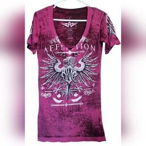 Affliction Women's Pink V-neck Graphic Top Large EUC